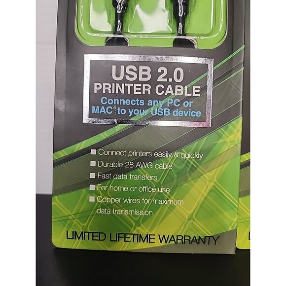 2 pack HYPE 6 ft USB 2.0 Printer Cable Connects PC or MAC A to B Male connector - Picture 2 of 4